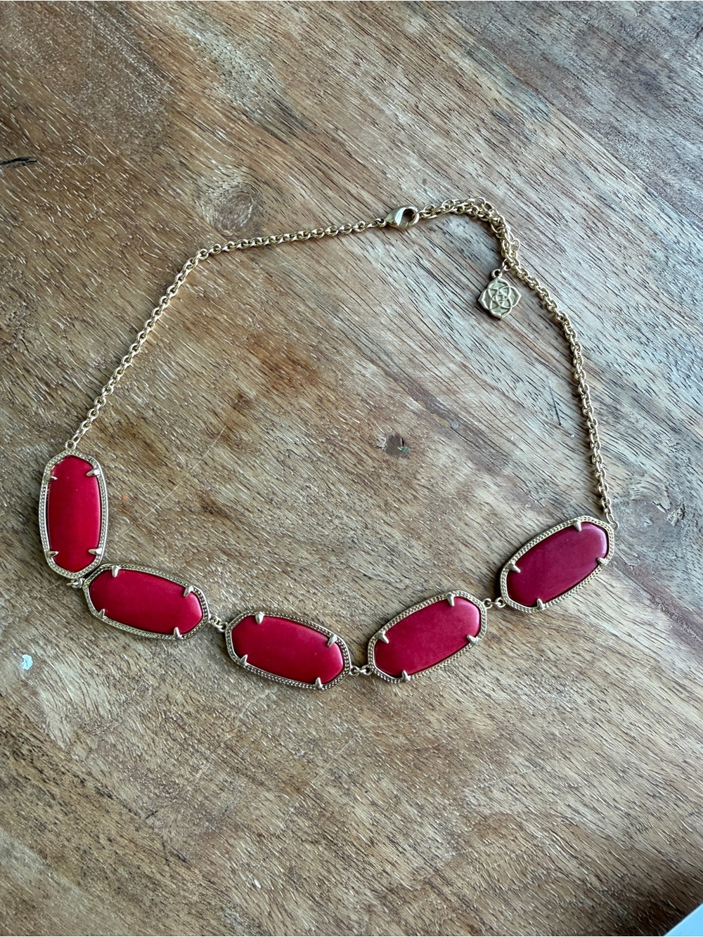 Y2K Kendra Scott Gold Necklace with Five Bold Red Oval Stones Valencia